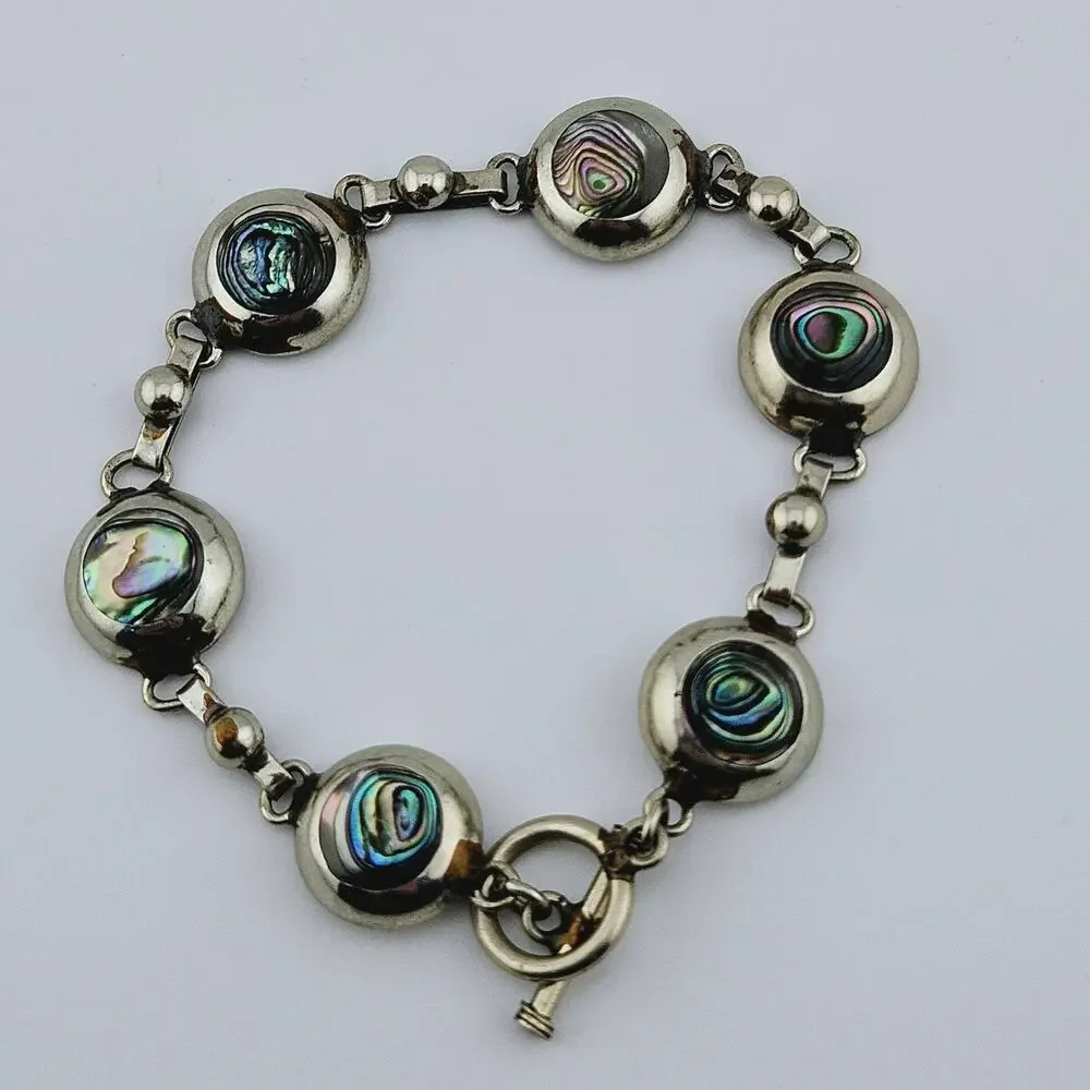 Abalone Shell Link Mexico Alpaca Silver Tone Bracelet Stackable Everyday Coastal